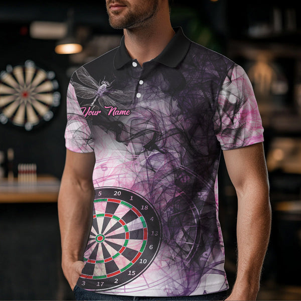 Maxcorners Pink And Black Smoke Dart Shirts For Men Custom 3D Dart Polo & Quarter Zip Team Dart Jerseys
