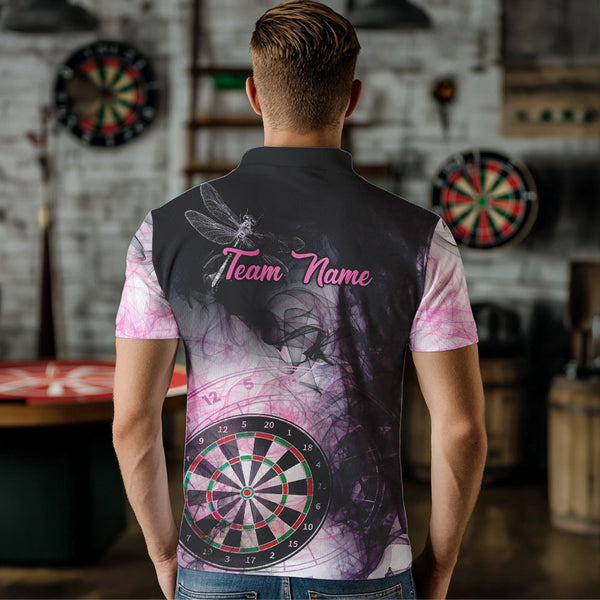 Maxcorners Pink And Black Smoke Dart Shirts For Men Custom 3D Dart Polo & Quarter Zip Team Dart Jerseys