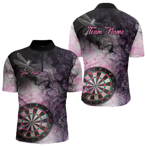 Maxcorners Pink And Black Smoke Dart Shirts For Men Custom 3D Dart Polo & Quarter Zip Team Dart Jerseys