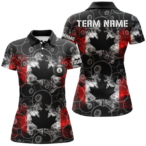Maxcorners Canada Flag Smoke 8 Ball Pattern Billiard Jersey Customized Name, Team Name 3D Polo Shirt