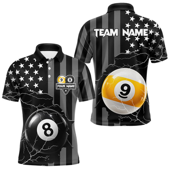 Maxcorners Black American Flag 8 Ball & 9 Ball Billiard Shirts For Men Custom Lightning Pool Team Jersey