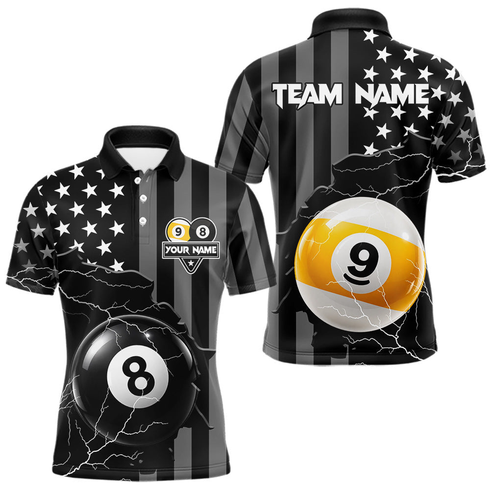 Maxcorners Black American Flag 8 Ball & 9 Ball Billiard Shirts For Men Custom Lightning Pool Team Jersey
