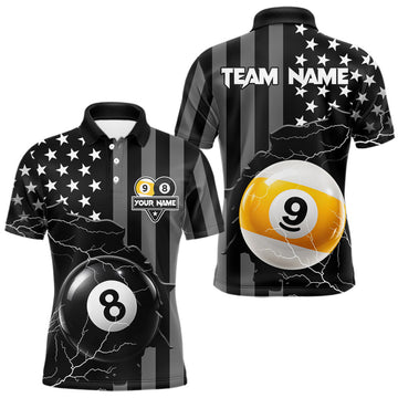 Maxcorners Black American Flag 8 Ball & 9 Ball Billiard Shirts For Men Custom Lightning Pool Team Jersey