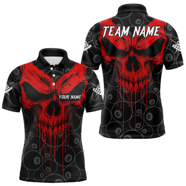 Maxcorners Personalized Skull 8 Ball Billiard Shirt For Men Custom Pool Team Jersey Polo & 1/4 Zip |Red MT1810