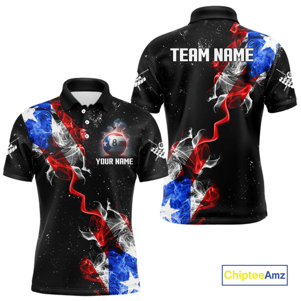 Maxcorners Personalize Puerto Rico Flag Smoke Billiard Shirt For Men Custom Patriotic 8 Ball Pool Team Jersey LM1610
