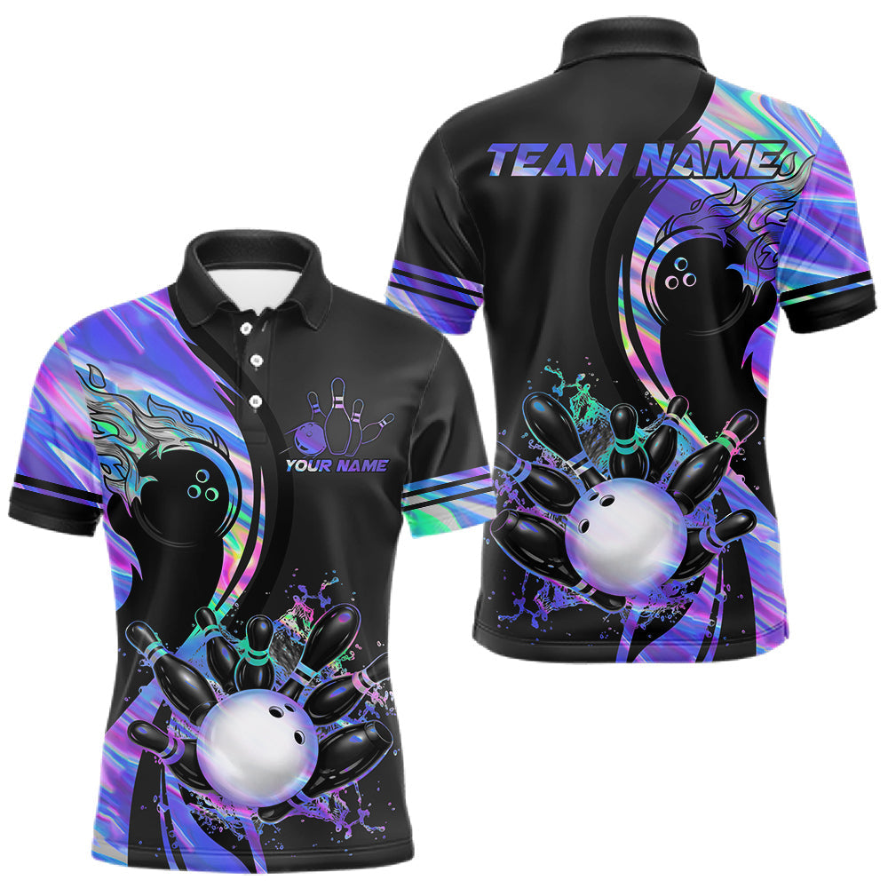 Maxcorners Custom Black And Holographic Splatter Bowling Shirts For Men, Bowling Team Jersey Polo & 1/4 Zip