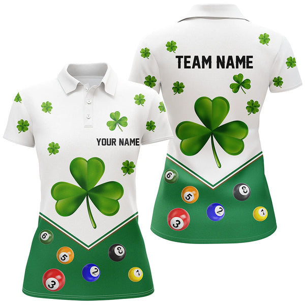 Maxcorners Billiard St Patrick Day Custom Green Clover Men Polo Shirts, Lucky Billiard Apparel For Player