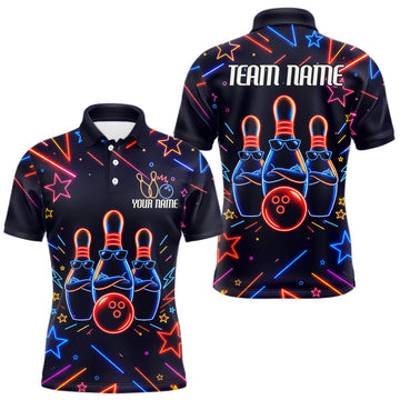 Maxcorners Blue Funny Neon Bowling Shirt For Men, Custom Bowling Team Jersey Polo & 1/4 Zip, Bowling Gifts LM2306