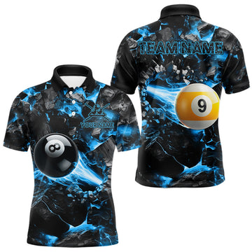 Maxcorners Personalized Blue 8 Ball & 9 Ball Fire Billiard Jerseys For Men, Billiard Pool Shirts For Team LM2607