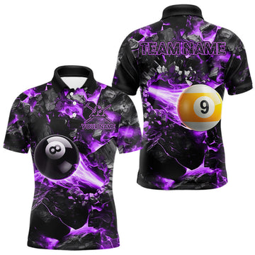 Maxcorners Personalized Purple 8 Ball & 9 Ball Fire Billiard Jerseys For Men, Billiard Pool Shirts For Team LM2607