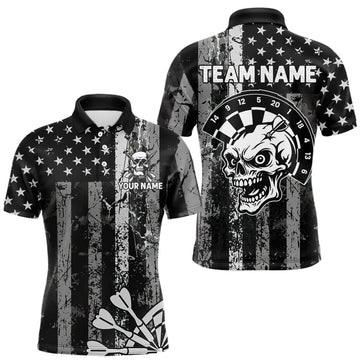Maxcorners Personalized White Black Grunge US Flag Skull Darts Shirt For Men Custom Patriotic Darts Jersey LM1903