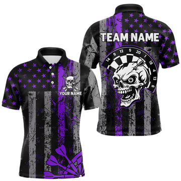 Maxcorners Personalized Purple Grunge US Flag Skull Darts Shirt For Men Custom Patriotic Darts Team Jersey LM1903