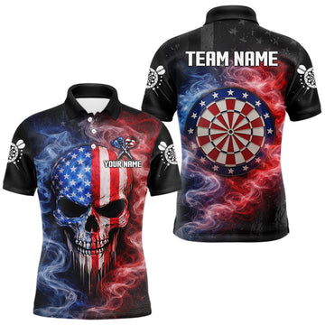 Maxcorners Custom American Flag Smoke Skull Darts Shirt For Men, Patriotic Darts Team Jersey Polo & 1/4 Zip LM2901