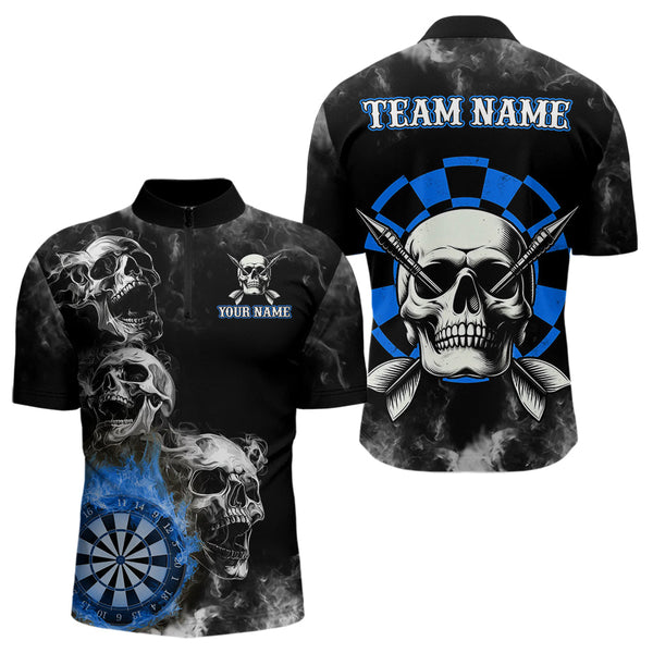 Maxcorners Personalized Blue Darts Smoke Skull Men Dart Shirt Custom Dart Board Fire Flame Dart Team Jersey