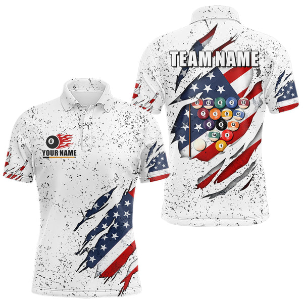 Maxcorners Personalized American Flag White Grunge Billiard Shirt For Men, Patriotic 8 Ball Pool Team Jersey LM0611