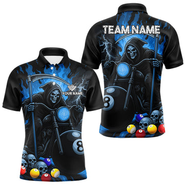 Maxcorners Funny Grim Reaper Motorcycle Billiards Shirt For Men Custom Blue Flame 8 Ball Pool Team Jersey  LM2306