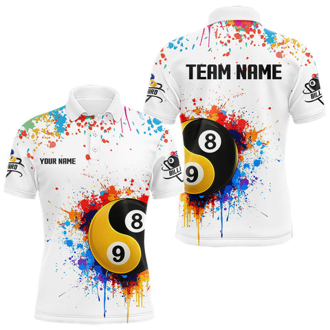 Maxcorners Funny Yin Yang 8 Ball & 9 Ball Colorful Splash Custom Billiard Shirt For Men, Billiard Jersey|White MT2407