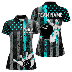 Maxcorners Turquoise Grunge American Flag Patriotic Bowling Shirts For Men Custom Bowling Team Jerseys