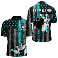 Maxcorners Turquoise Grunge American Flag Patriotic Bowling Shirts For Men Custom Bowling Team Jerseys