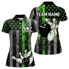 Maxcorners Personalized Green Grunge American Flag Patriotic Bowling Shirts For Men Custom Bowling Team Jersey
