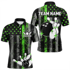 Maxcorners Personalized Green Grunge American Flag Patriotic Bowling Shirts For Men Custom Bowling Team Jersey