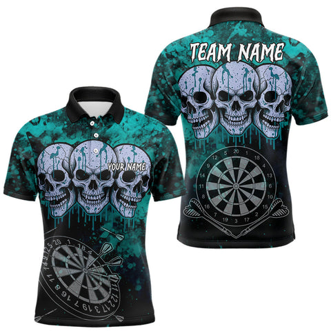 Maxcorners Black And Turquoise Grunge Skull Mens Dart Shirts Custom Dart Jerseys Team Polo & Quarter Zip MT2510