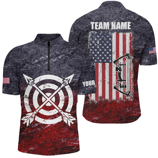 Maxcorners Personalized Retro Usa Flag Men Archery Polo Shirts, Patriotic Us Archery Jerseys For Team Archer