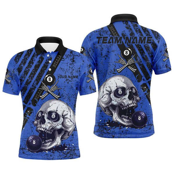 MaxCorners Billiard Grunge Blue Skull Customized Name, Team Name 3D Polo Shirt