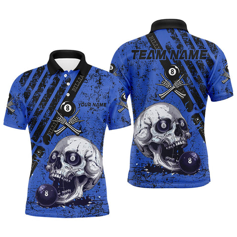 MaxCorners Billiard Grunge Blue Skull Customized Name, Team Name 3D Polo Shirt