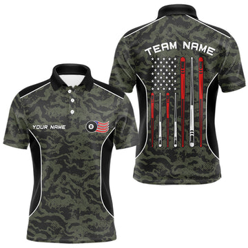 Maxcorners Custom Forest Camo 8 Ball Billiard Shirt For Men, Patriotic US Flag Pool Jersey Polo & 1/4 Zip