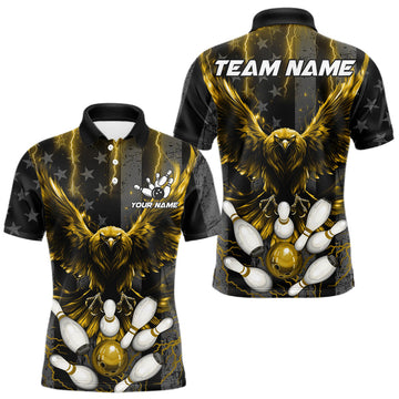 Maxcorners Yellow American Flag Men's Bowling Shirts Custom Lightning Eagle Bowling Team Jersey Polo & 1/4 Zip