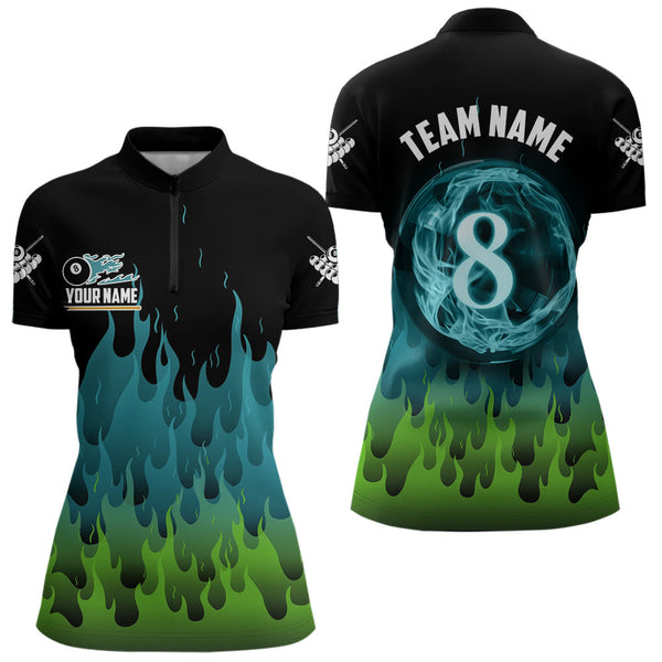 Maxcorners Green And Blue Flaming 8 Ball Pool Men Billiard Polo & 1/4 Zip Custom Pool Team Player Jersey
