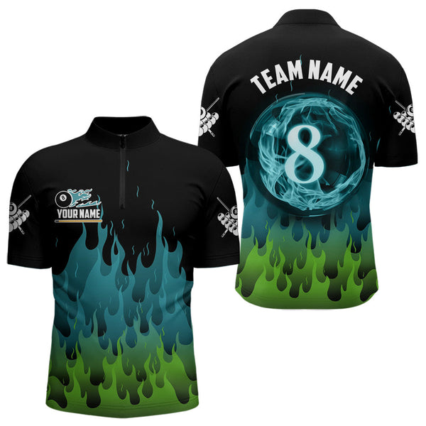 Maxcorners Green And Blue Flaming 8 Ball Pool Men Billiard Polo & 1/4 Zip Custom Pool Team Player Jersey