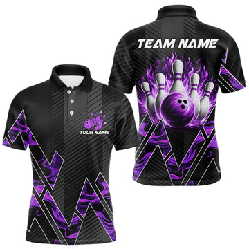 Maxcorners Personalized Fire Flame Bowling Jersey For Men Custom Bowling Team Shirt Polo & 1/4 Zip |Purple LM1705
