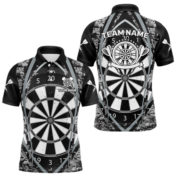 Maxcorners Darts Personalized Grunge Grey Pixel Camo Dart Shirts For Men, Dart Jerseys Team Polo & Quarter Zip