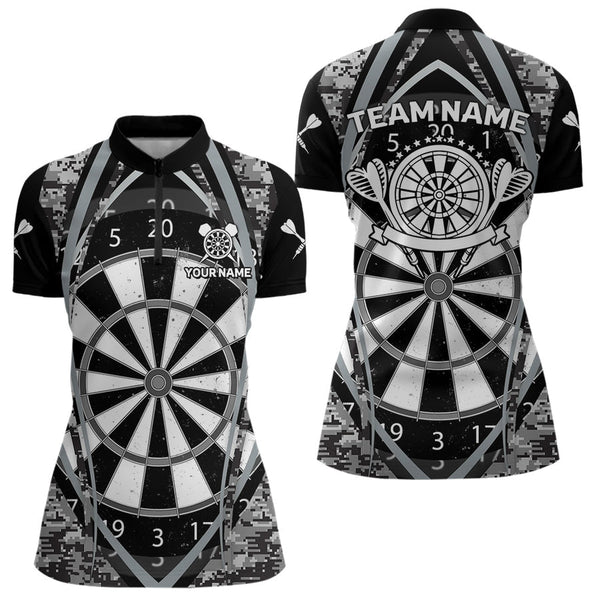 Maxcorners Darts Personalized Grunge Grey Pixel Camo Dart Shirts For Men, Dart Jerseys Team Polo & Quarter Zip