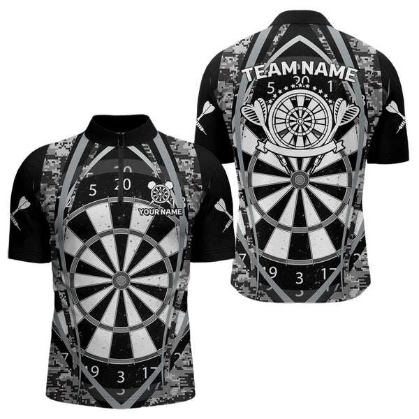 Maxcorners Darts Personalized Grunge Grey Pixel Camo Dart Shirts For Men, Dart Jerseys Team Polo & Quarter Zip