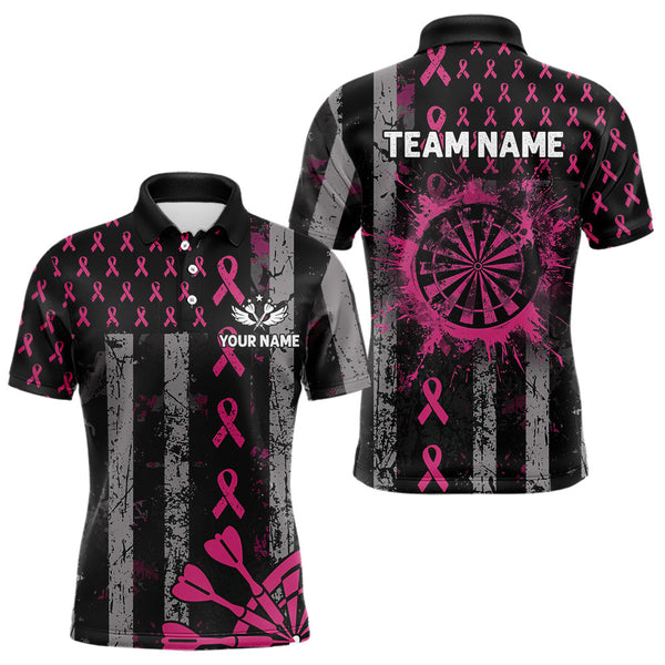 Maxcorners Personalized Grunge US Flag Pink Ribbon Patriotic Darts Shirt For Men, Breast Cancer Darts Jersey MT3107