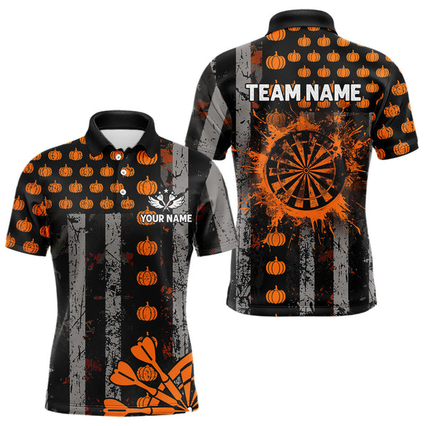 Maxcorners Personalized Orange Grunge US Flag Pumpkin Darts Shirt For Men, Halloween Darts Jersey Outfit MT3107