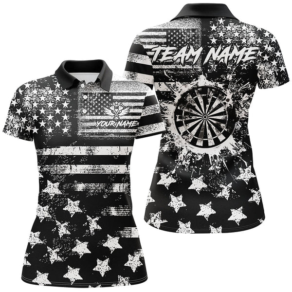 Maxcorners Custom Black Grunge Us Flag Patriotic Darts Shirt For Women, Retro Darts Board Darts Team Jerseys