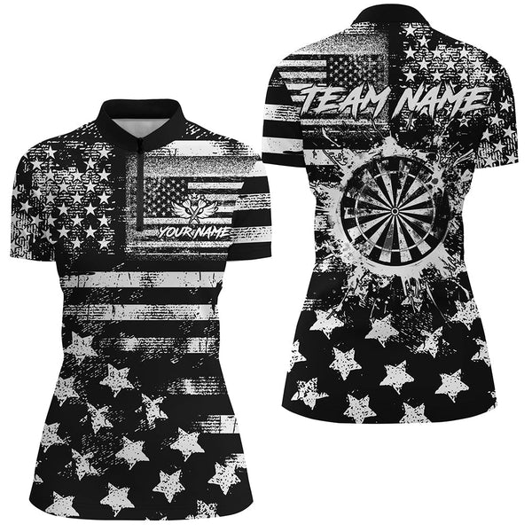 Maxcorners Custom Black Grunge Us Flag Patriotic Darts Shirt For Women, Retro Darts Board Darts Team Jerseys