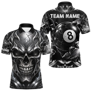 Maxcorners Black And Silver 8 Ball Pool Skull Billiard Shirts For Men Custom Billiard League Team Jersey LM0410
