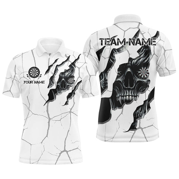 Maxcorners Personalized Skull White Grunge Darts Polo And Quarter-Zip Shirts For Men Custom Dart Team Jerseys