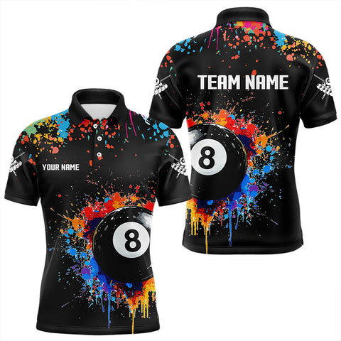 Maxcorners Funny 8 Ball Pool Colorful Paint Splash Custom Billiard Shirt For Men, Billiard Team Jersey | Black MT2709