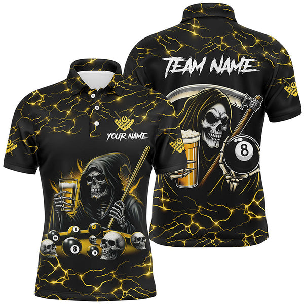 Maxcorners Yellow Funny Death Skeleton & Beer Billiard Shirts For Men Custom 8 Ball Lightning Billiard Jerseys