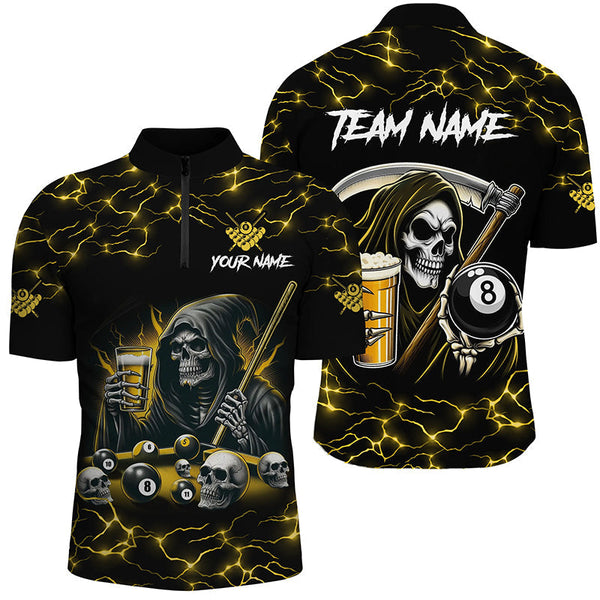 Maxcorners Yellow Funny Death Skeleton & Beer Billiard Shirts For Men Custom 8 Ball Lightning Billiard Jerseys