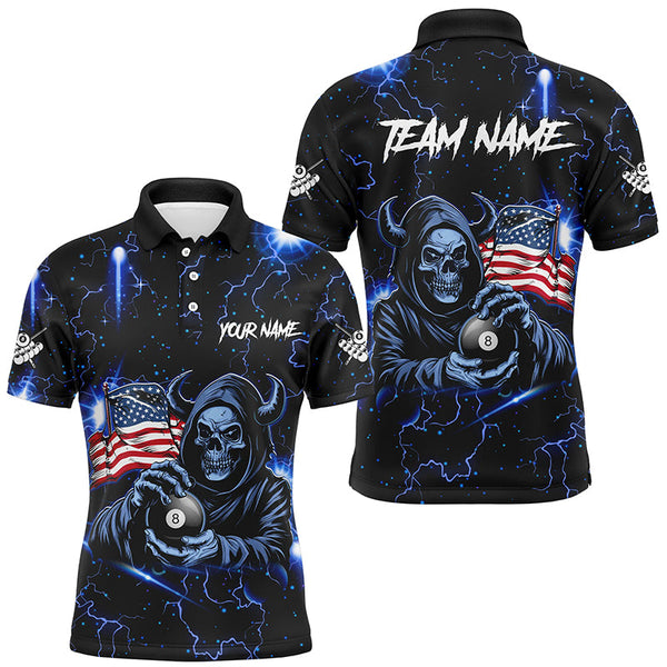 Maxcorners Blue Skull Thunder Lightning Us Flag Custom Billiard Shirts, Patriotic Billiard Team Jerseys