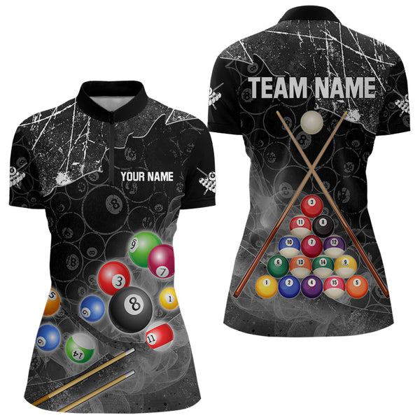 Maxcorners Personalized 8 Ball Pattern Smoke Women Billiard Shirts Custom 3D Billiard Balls Pool Jerseys | Black