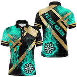 Maxcorners Personalized Gold And Turquoise Dartboard Fire Flame Custom Dart Shirts For Men, Darts Team Jerseys