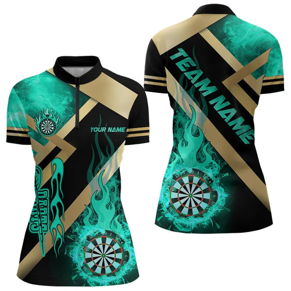 Maxcorners Personalized Gold And Turquoise Dartboard Fire Flame Custom Dart Shirts For Men, Darts Team Jerseys
